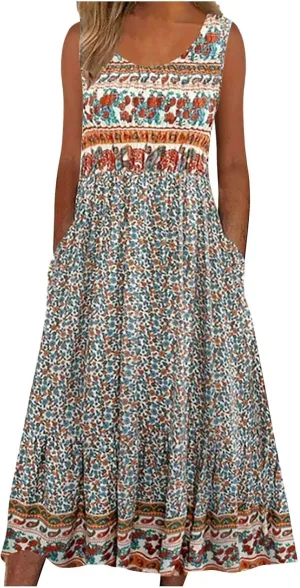 Summer Dresses for Women 2024 Casual Floral Boho Flowy Maxi Dress Loose Sleeveless Crewneck Beach Sundress Pockets