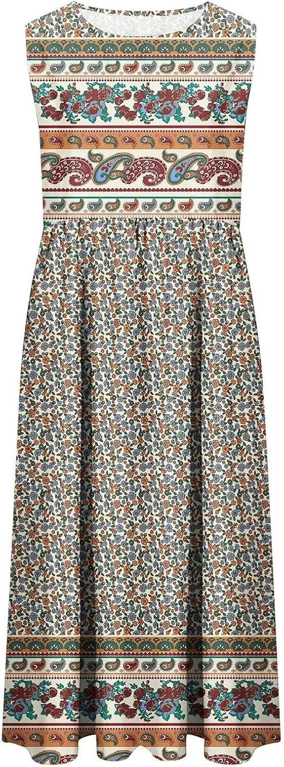 Summer Dresses for Women 2024 Casual Floral Boho Flowy Maxi Dress Loose Sleeveless Crewneck Beach Sundress Pockets