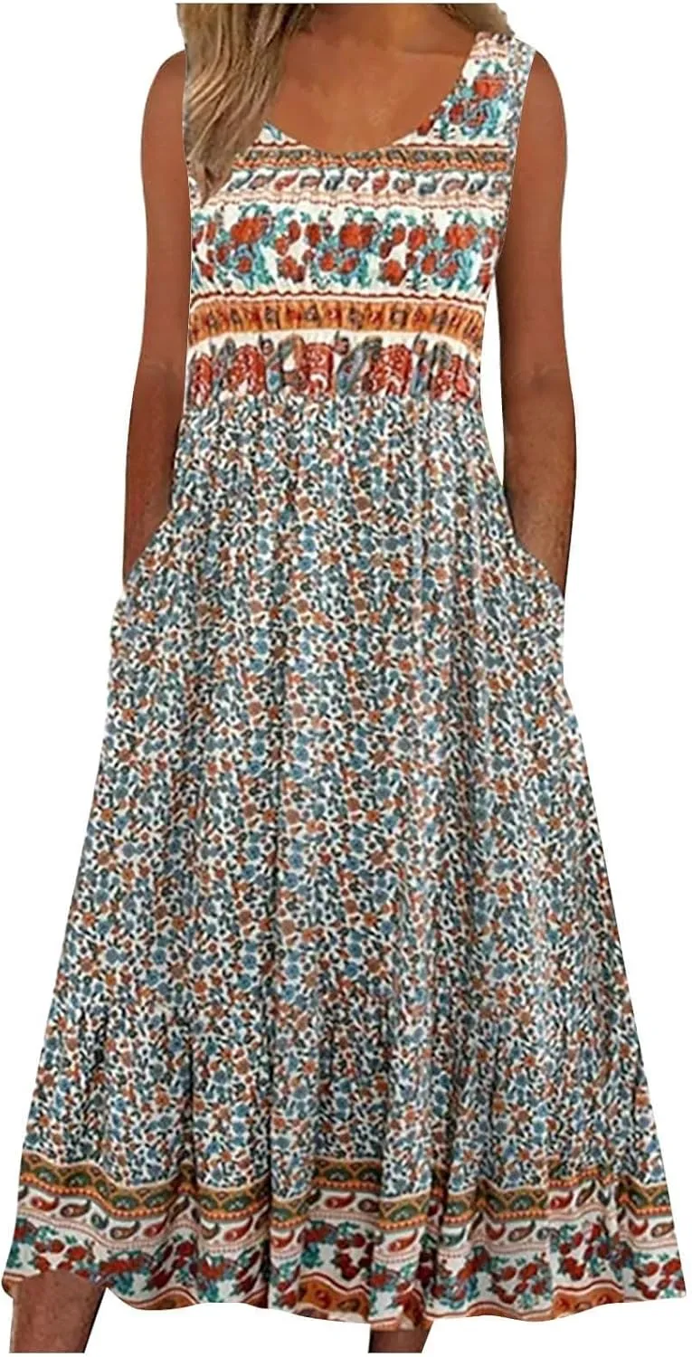 Summer Dresses for Women 2024 Casual Floral Boho Flowy Maxi Dress Loose Sleeveless Crewneck Beach Sundress Pockets