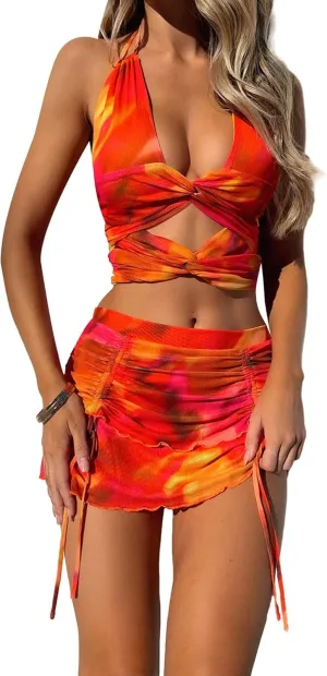 Summer Two Piece Outfits for Women Y2K Ruched Halter Crop Tops Low Rise Pleated Mesh Mini Skort Skirt Sets