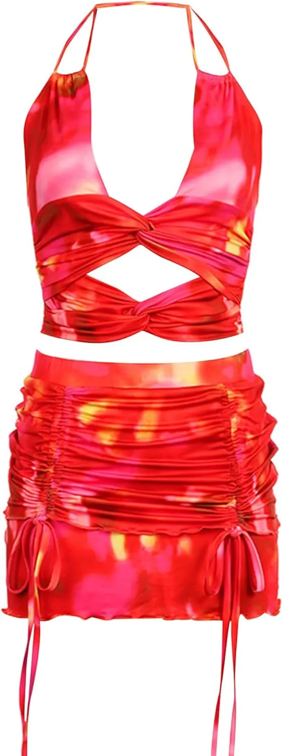 Summer Two Piece Outfits for Women Y2K Ruched Halter Crop Tops Low Rise Pleated Mesh Mini Skort Skirt Sets