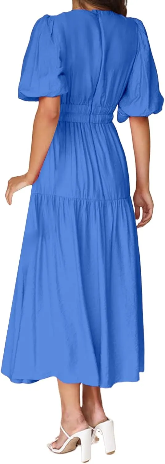 Sundresses for Women Sexy Deep V Neck Puff Sleeve Waist Maxi Dress A Line Ruffle Layered Dressed Trendy Dress Summer