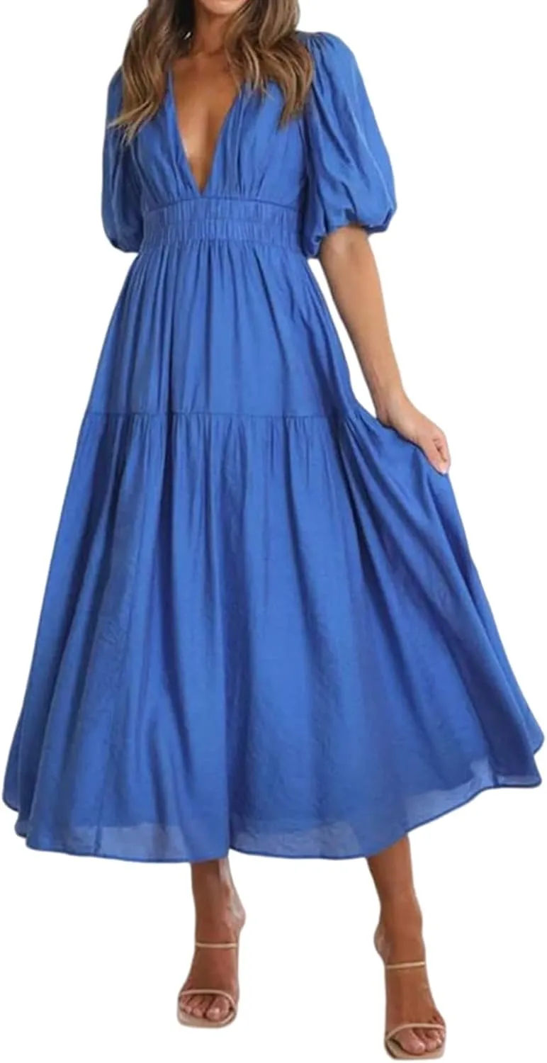 Sundresses for Women Sexy Deep V Neck Puff Sleeve Waist Maxi Dress A Line Ruffle Layered Dressed Trendy Dress Summer