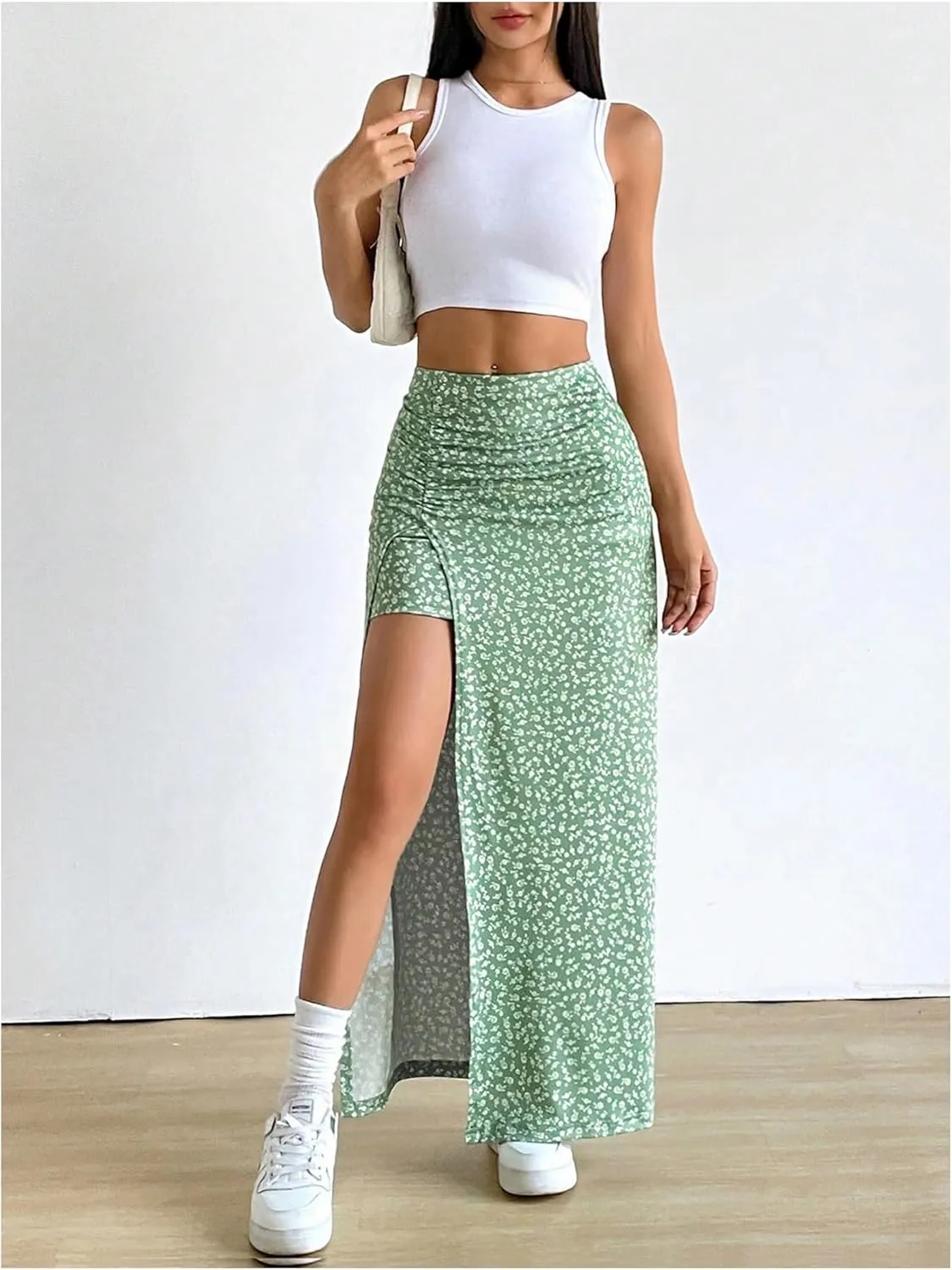 SweatyRocks Women's Floral Print Split Thigh Mid Waist Boho Vacation Long Skirts