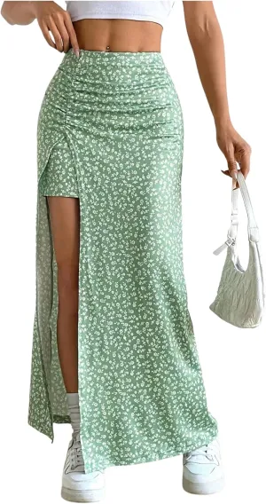 SweatyRocks Women's Floral Print Split Thigh Mid Waist Boho Vacation Long Skirts