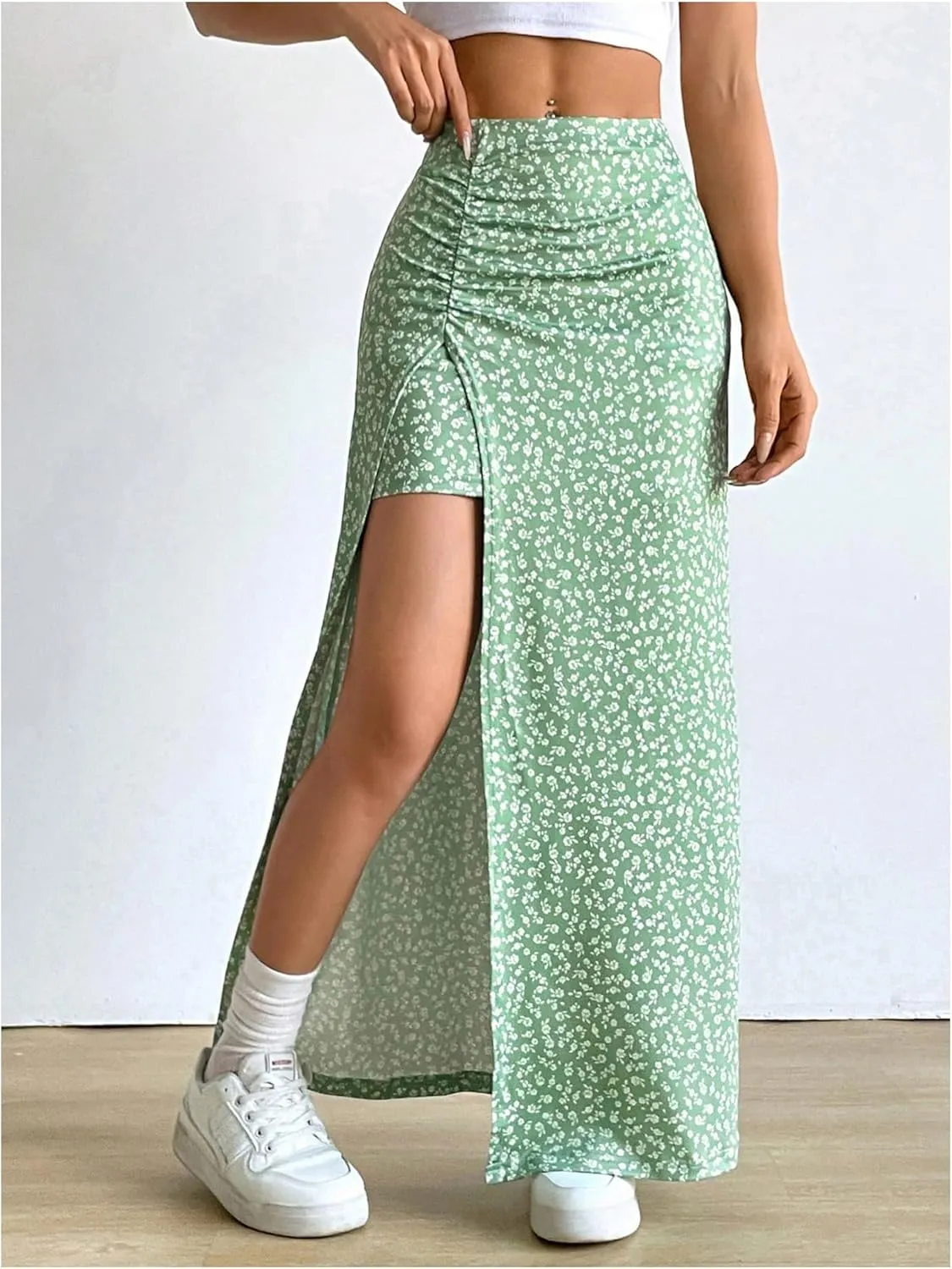 SweatyRocks Women's Floral Print Split Thigh Mid Waist Boho Vacation Long Skirts