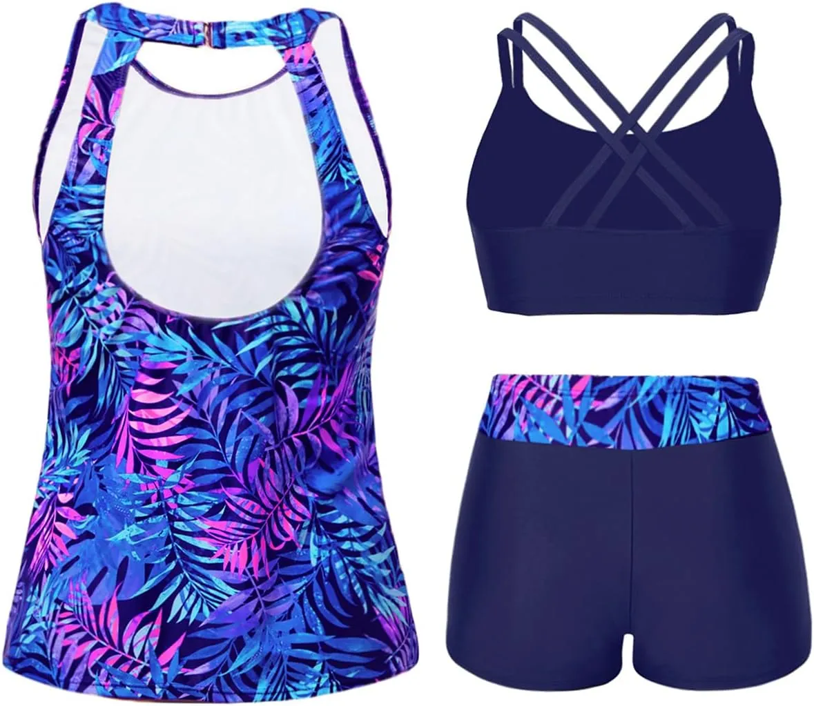 Tempt Me 3 Piece Swimsuit for Women Tankini Bathing Suit Modest High Neck Tank Tops Swimwear with Shorts