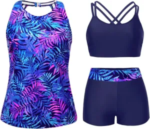 Tempt Me 3 Piece Swimsuit for Women Tankini Bathing Suit Modest High Neck Tank Tops Swimwear with Shorts
