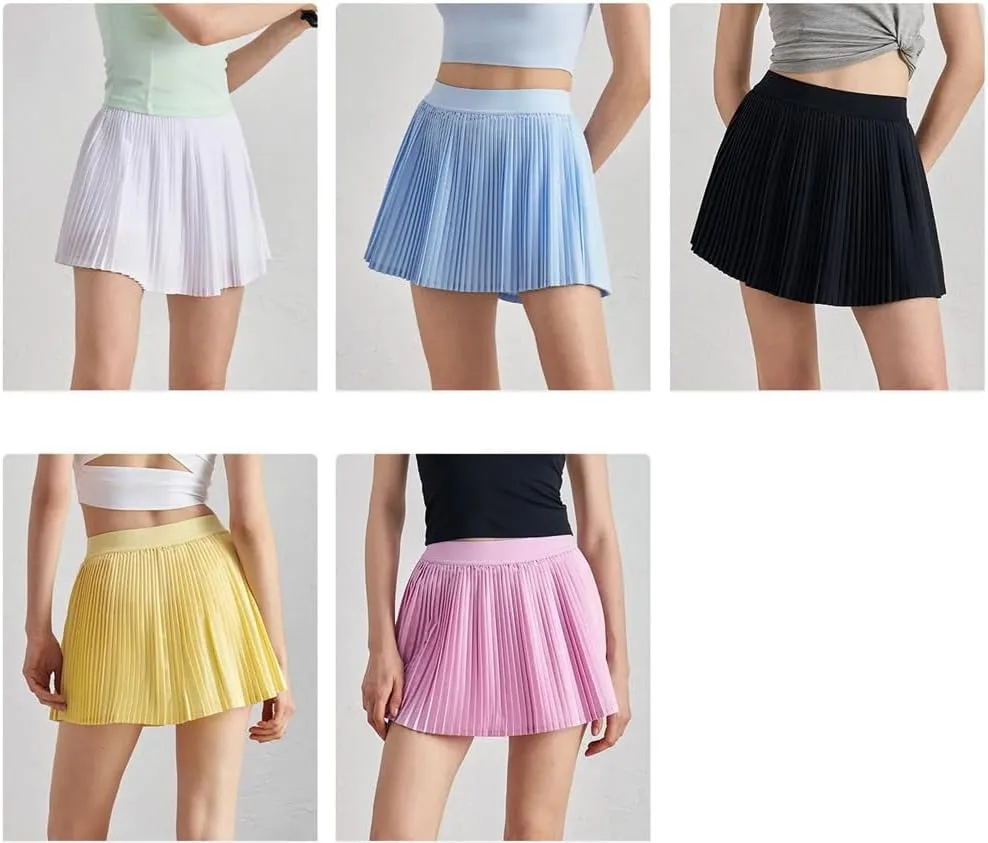 Tennis Pleated Skirts with Inner Lining Women High Waist Double Layer Sport Stretchy Skirts Fitness Golf Skorts with Pockets