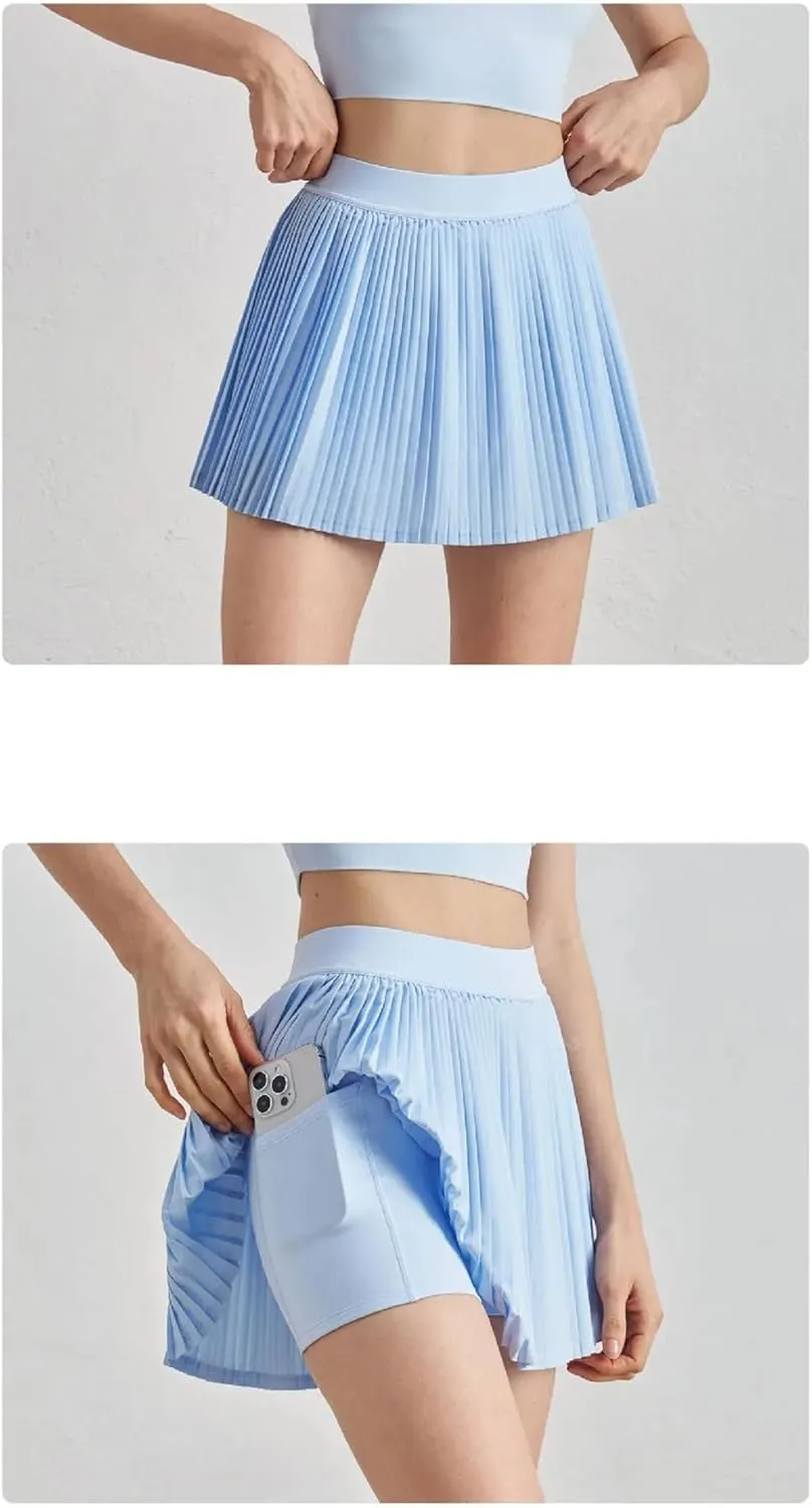 Tennis Pleated Skirts with Inner Lining Women High Waist Double Layer Sport Stretchy Skirts Fitness Golf Skorts with Pockets