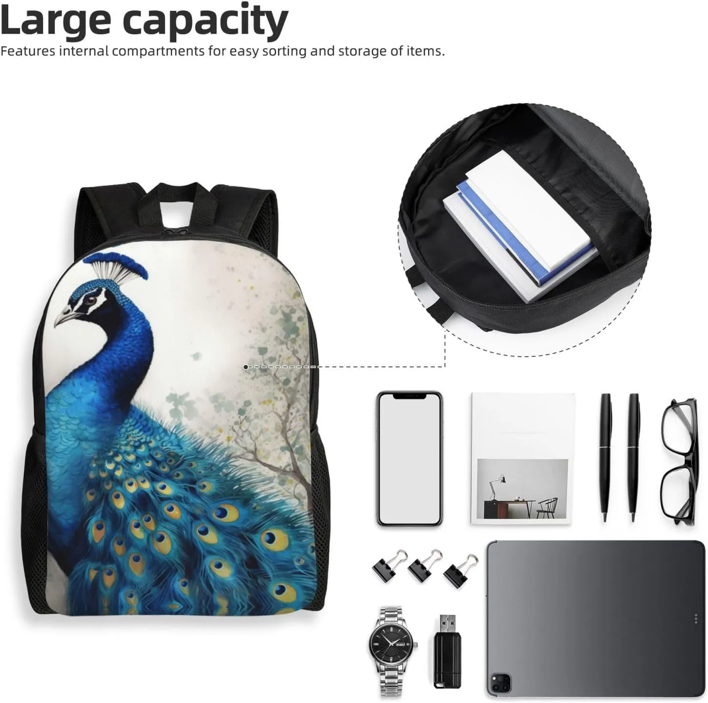 Travel Backpack for Women Men Lightweight 17 inch Laptop Bag Blue Peacock Backpack Casual Daypack