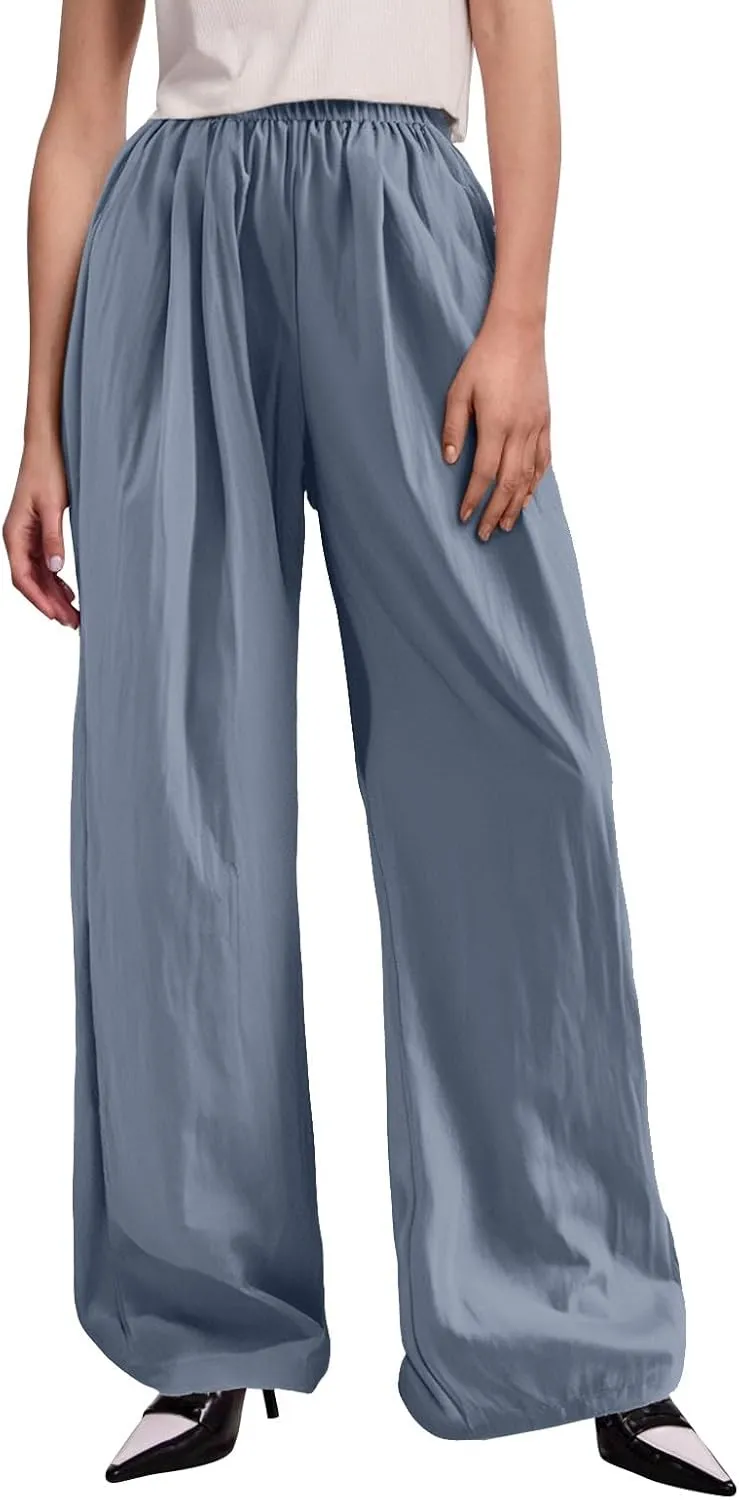 Trousers Pants for Women Casual Linen Elastic Waist Straight Leg Loose Work Pants Wide Leg Flowy Baggy Sweatpants