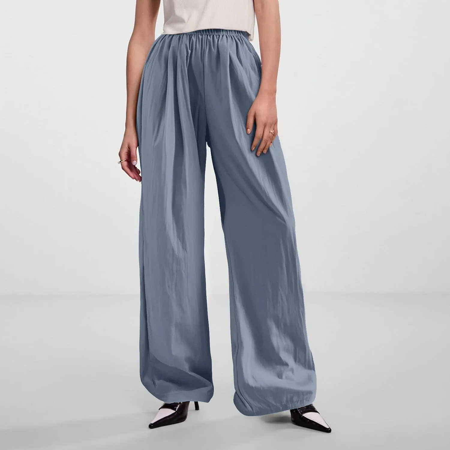 Trousers Pants for Women Casual Linen Elastic Waist Straight Leg Loose Work Pants Wide Leg Flowy Baggy Sweatpants