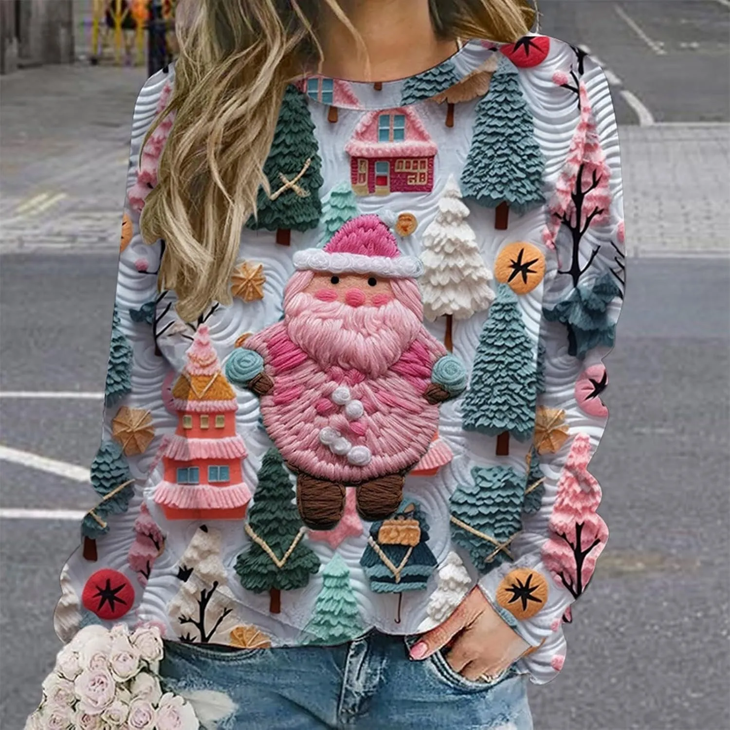 Ugly Christmas Sweater Women Sweatshirts 3D Digital Print Novelty Pullover Tops Funny Santa Xmas Tree Graphic Holiday Outfits
