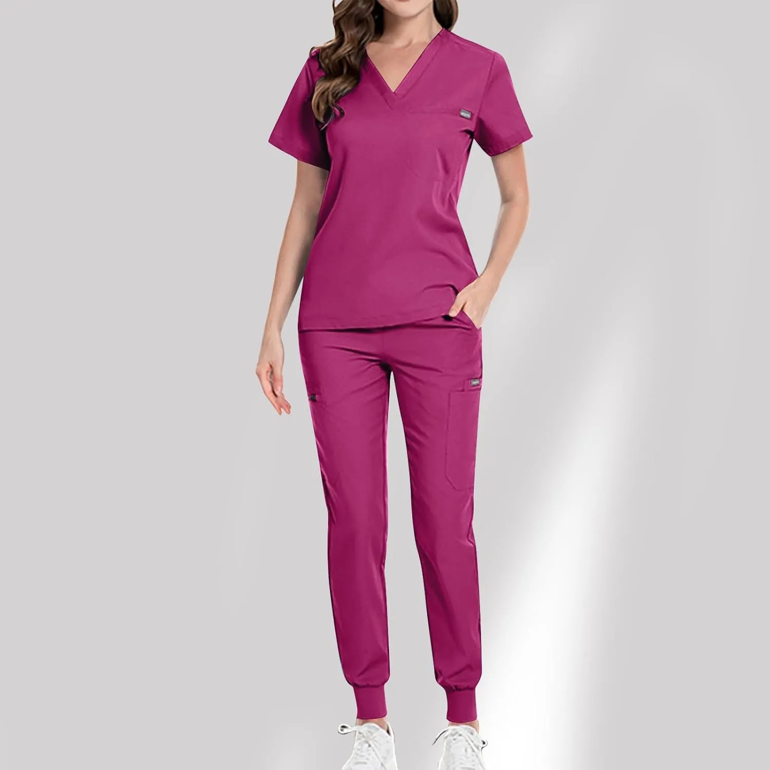 V Neck Scrubs Set Women Nurse Uniform 2 Piece Outfits Jogger Classic Scrub_ Tops & Yoga Jogger Pants with Pockets