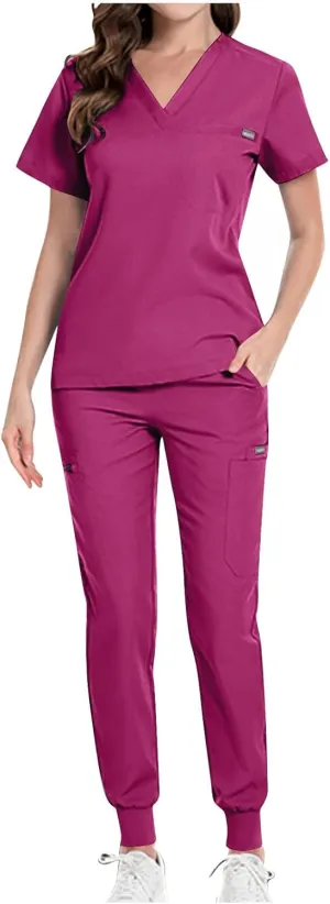 V Neck Scrubs Set Women Nurse Uniform 2 Piece Outfits Jogger Classic Scrub_ Tops & Yoga Jogger Pants with Pockets