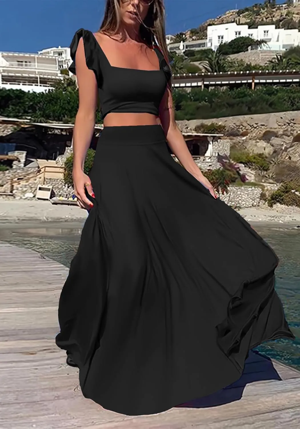 Vakkest Womens Summer Sexy 2 Pieces Outfits Ruffle Floral Tank Top Wrap Boho Tropical Long Skirt Set Clubwear Dresses