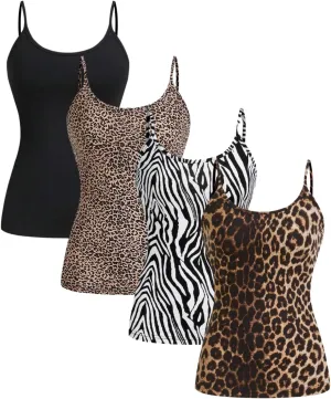 Verdusa Women's 4 Pack Cheetah Print Cami Top Scoop Neck Backless Fitted Camisole