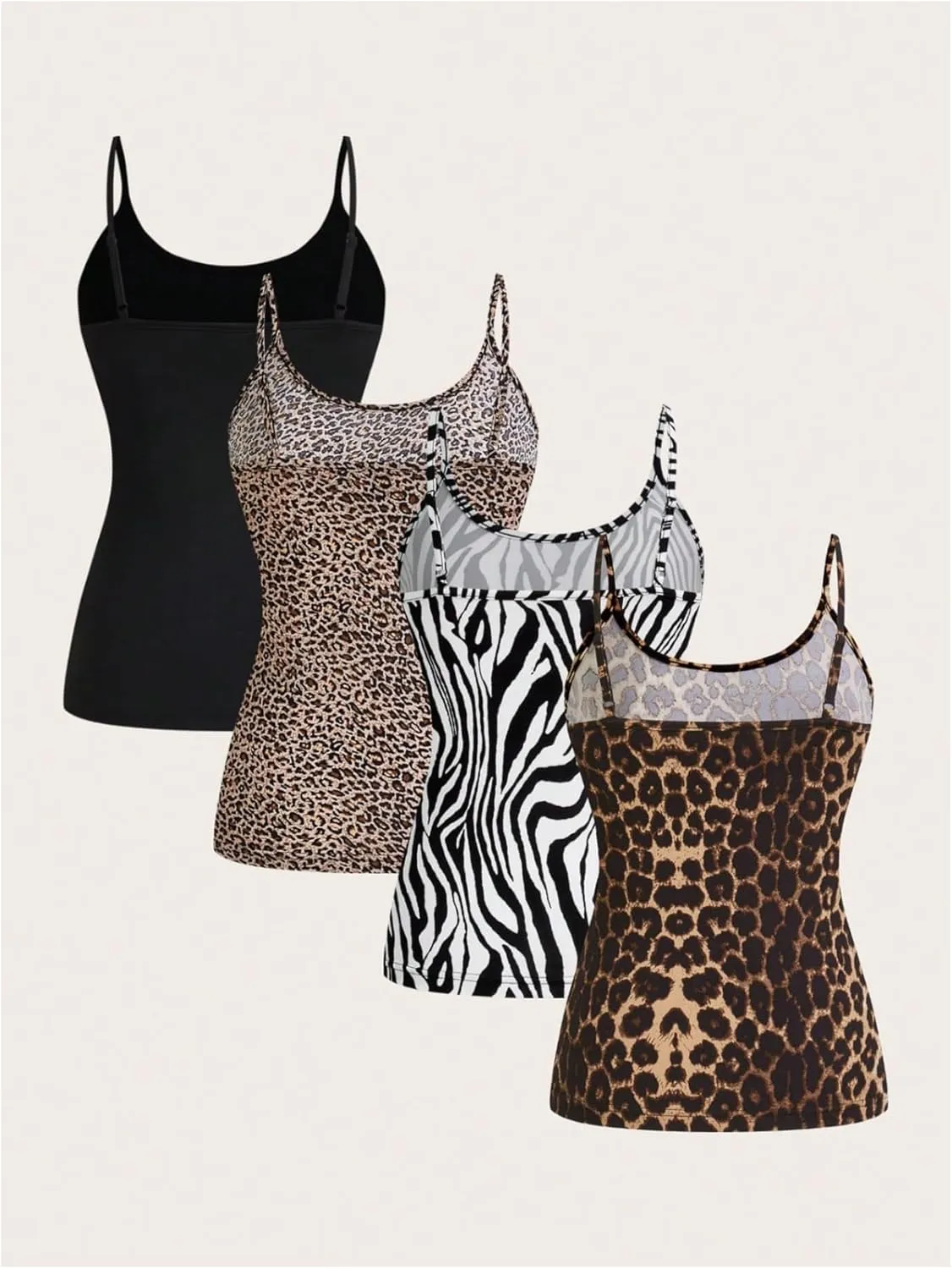 Verdusa Women's 4 Pack Cheetah Print Cami Top Scoop Neck Backless Fitted Camisole