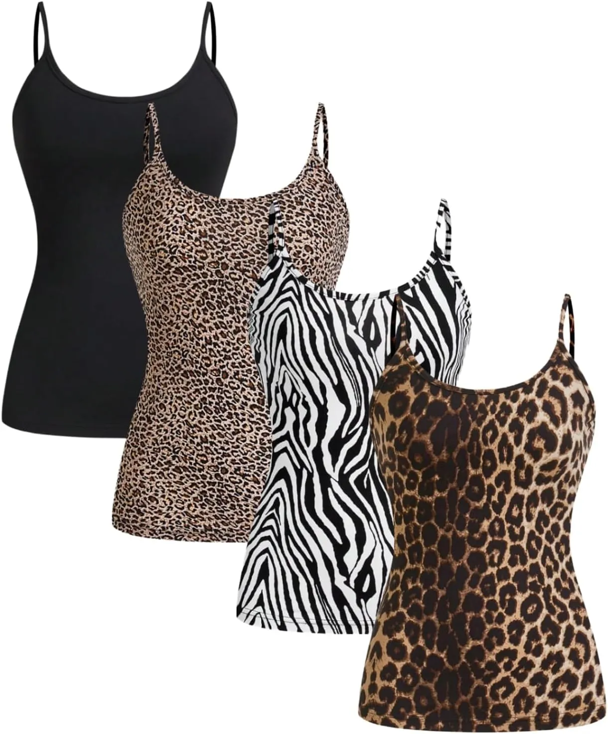 Verdusa Women's 4 Pack Cheetah Print Cami Top Scoop Neck Backless Fitted Camisole