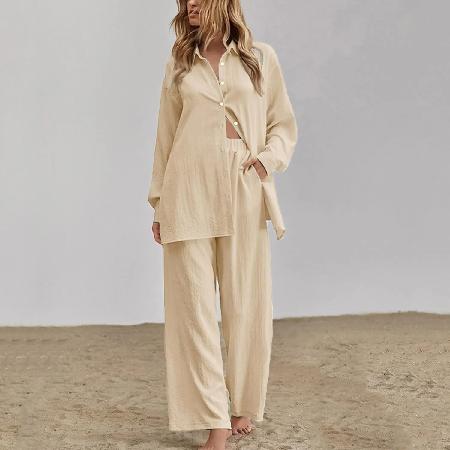 Vifucz Womens Linen Outfit Two Piece Summer Sleeveless Tank Tops Gauze Tshirt Wide Leg Elastic Waist Casual Linen Pant Set