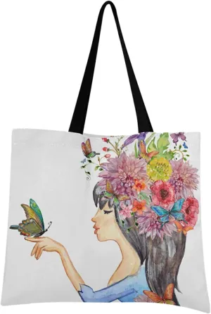 visesunny Women Extra Large Tote Bag Beautiful Girl with Flower Shoulder Bags Ladies Beach Travel Reusable Grocery Shopping Portable Storage Handbag
