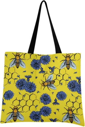 visesunny Women Extra Large Tote Bag Bee Blue Flower Doodle Shoulder Bags Ladies Beach Travel Reusable Grocery Shopping Portable Storage Handbag