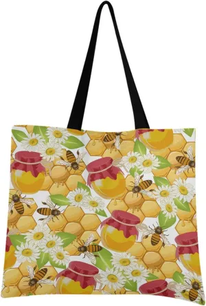 visesunny Women Extra Large Tote Bag Jars Of Honey Bee Pattern Shoulder Bags Ladies Beach Travel Reusable Grocery Shopping Portable Storage Handbag