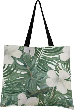 visesunny Women Extra Large Tote Bag Palm Deliciosa Leaf White Hibiscus Flower Shoulder Bags Ladies Beach Travel Reusable Grocery Shopping Portable Storage Handbag