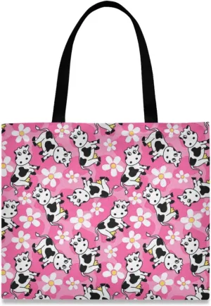 visesunny Women's Large Canvas Tote Shoulder Bag Cute Cow And Flower1 Top Storage Handle Shopping Bag Casual Reusable Tote Bag for Beach,Travel,Groceries,Books