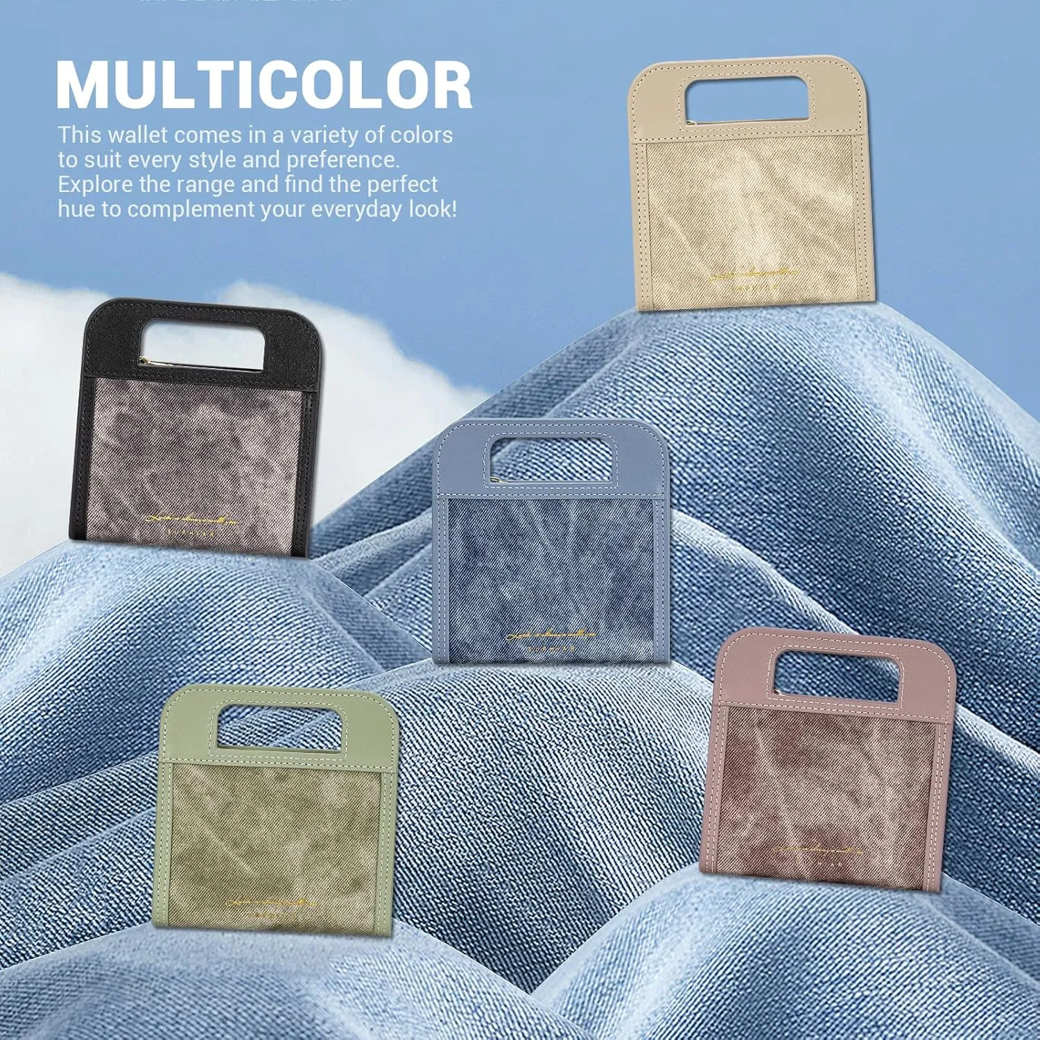 Wallet for Women, Small Bifold Wallet, PU leather with Denim Texture with Zipper Pocket, Handle and Shoulder Chain