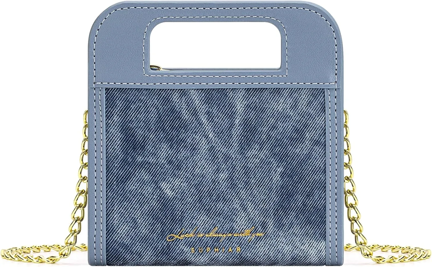 Wallet for Women, Small Bifold Wallet, PU leather with Denim Texture with Zipper Pocket, Handle and Shoulder Chain