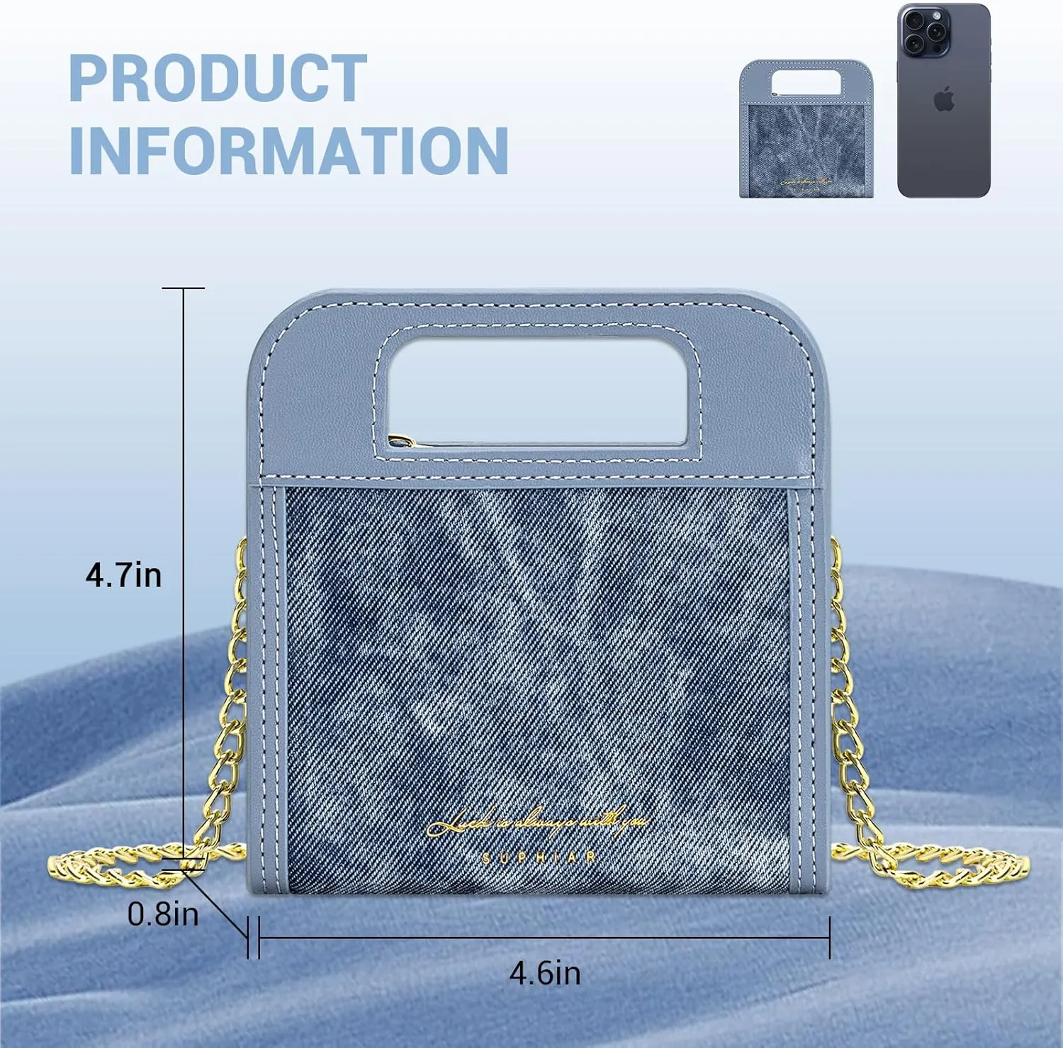 Wallet for Women, Small Bifold Wallet, PU leather with Denim Texture with Zipper Pocket, Handle and Shoulder Chain