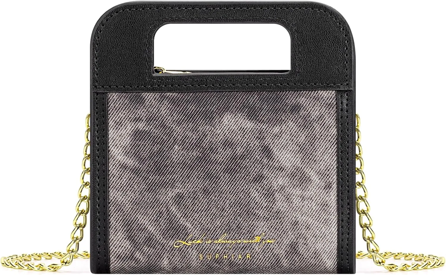 Wallet for Women, Small Bifold Wallet, PU leather with Denim Texture with Zipper Pocket, Handle and Shoulder Chain