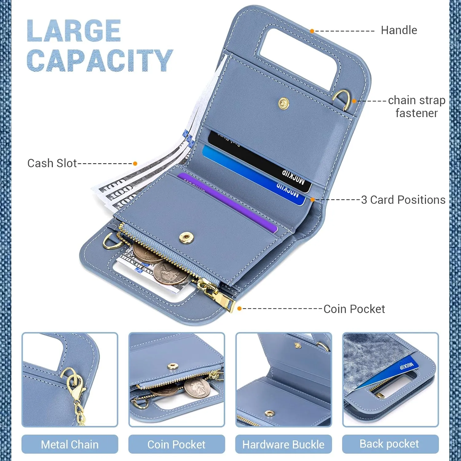 Wallet for Women, Small Bifold Wallet, PU leather with Denim Texture with Zipper Pocket, Handle and Shoulder Chain