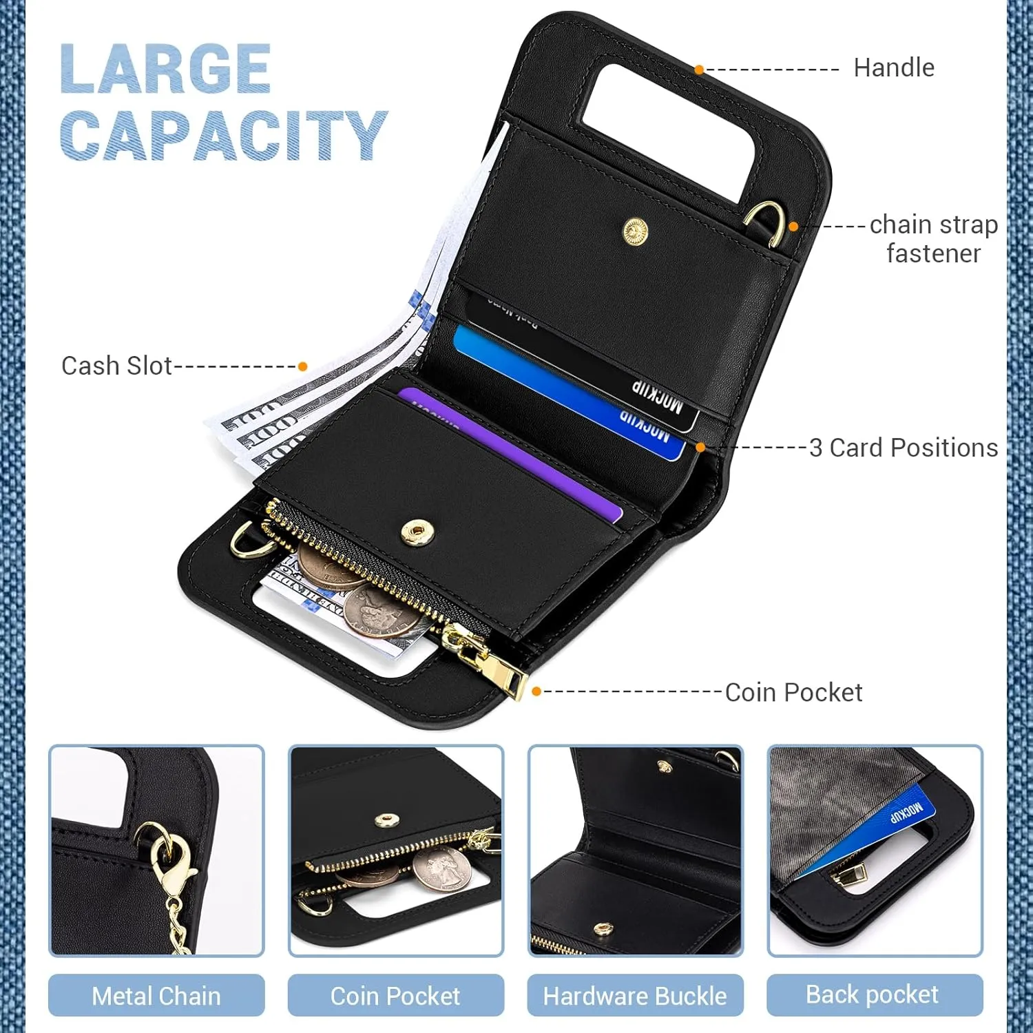 Wallet for Women, Small Bifold Wallet, PU leather with Denim Texture with Zipper Pocket, Handle and Shoulder Chain