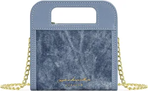 Wallet for Women, Small Bifold Wallet, PU leather with Denim Texture with Zipper Pocket, Handle and Shoulder Chain
