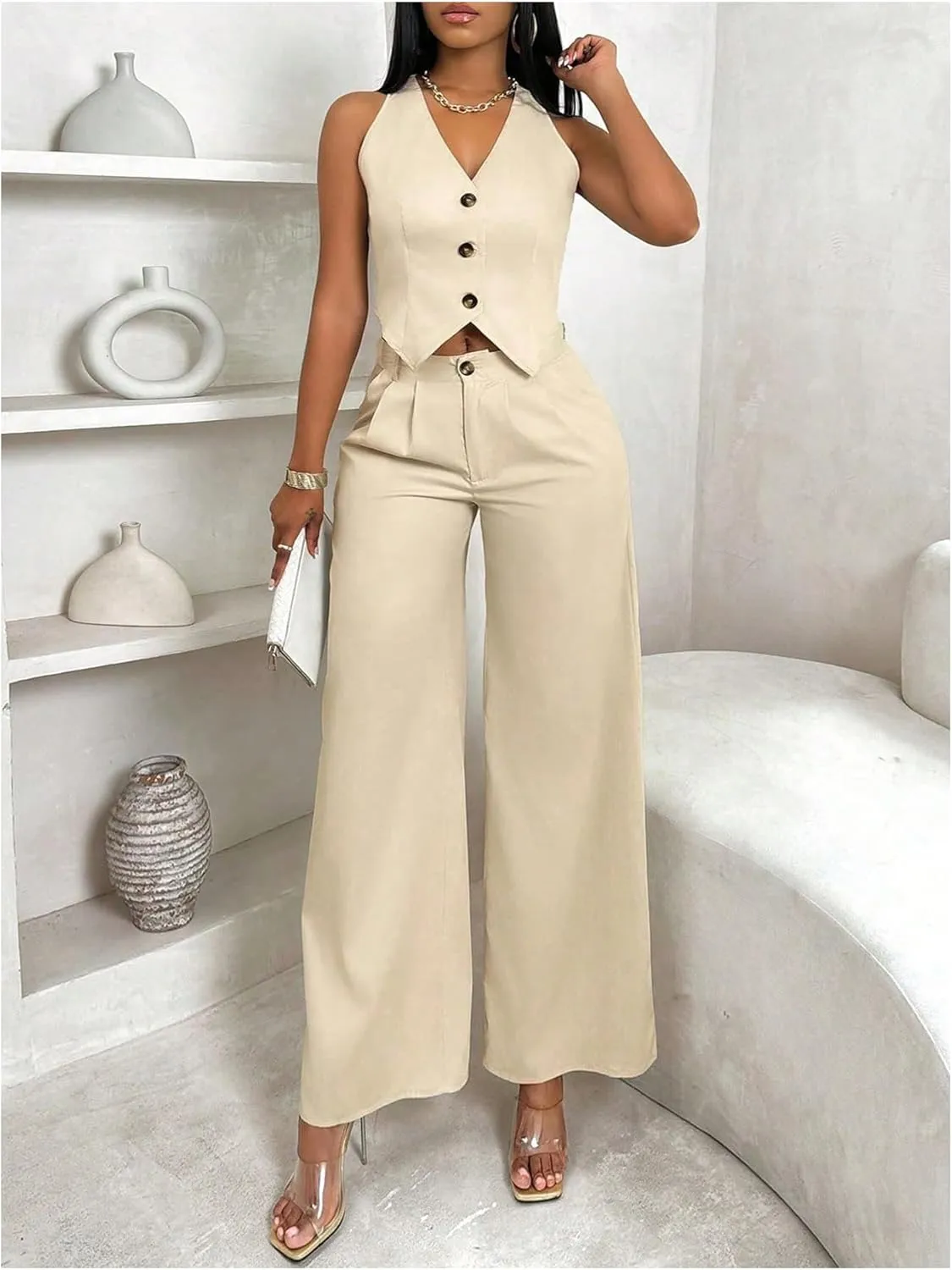 WDIRARA Women's 2 Piece Outfits Button Down Sleeveless Blazer Vest Wide Leg Pants Set