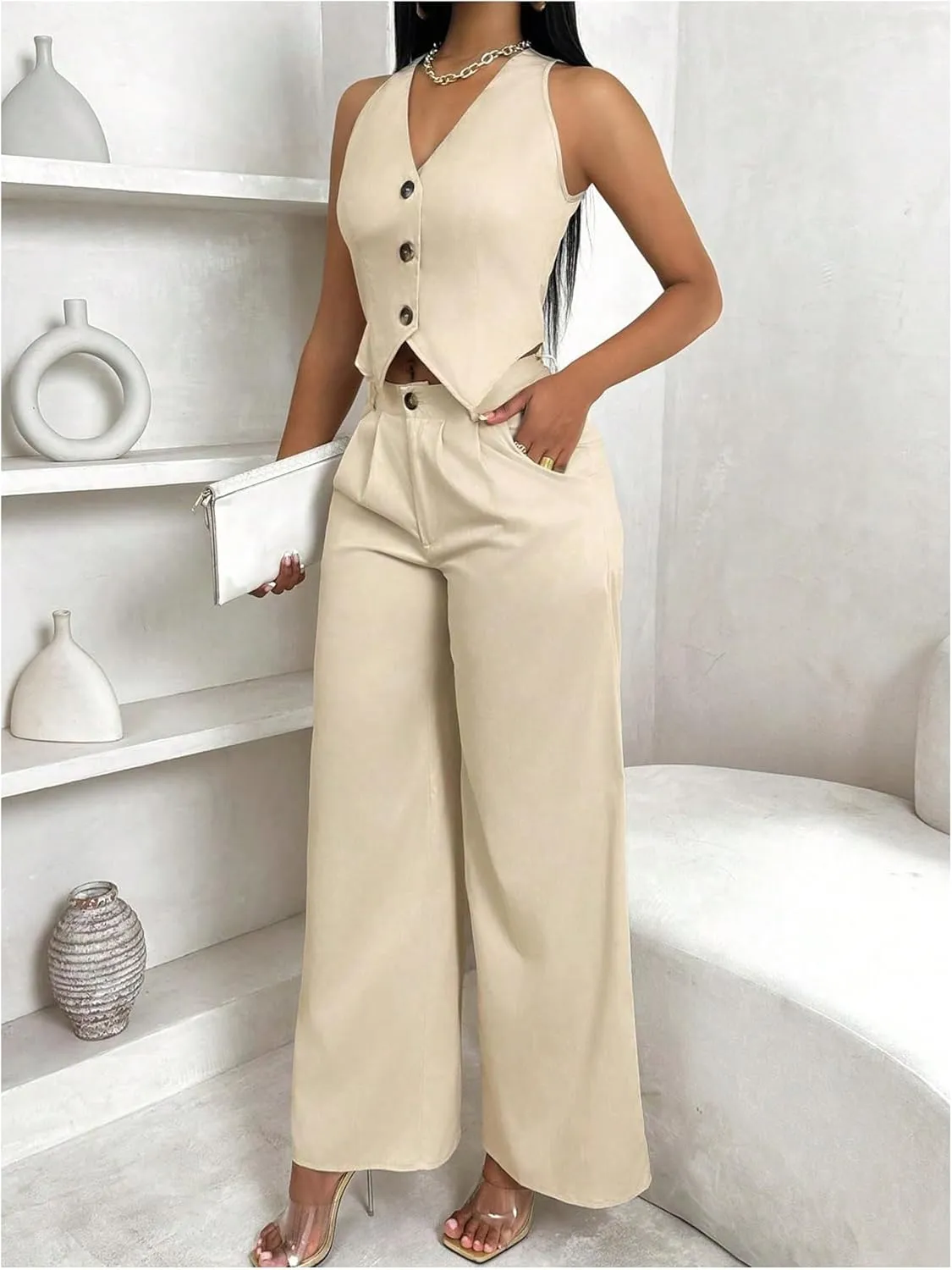 WDIRARA Women's 2 Piece Outfits Button Down Sleeveless Blazer Vest Wide Leg Pants Set