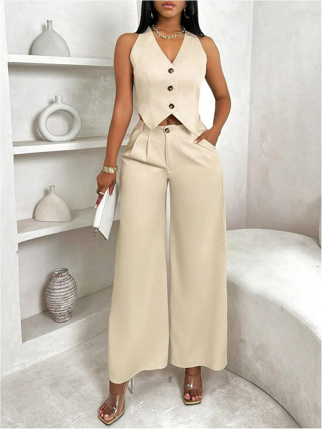 WDIRARA Women's 2 Piece Outfits Button Down Sleeveless Blazer Vest Wide Leg Pants Set