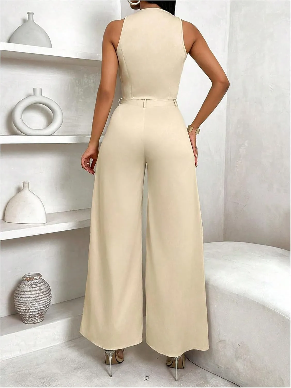 WDIRARA Women's 2 Piece Outfits Button Down Sleeveless Blazer Vest Wide Leg Pants Set