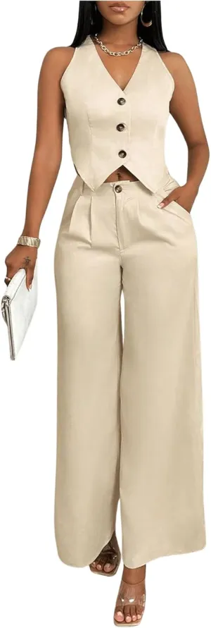WDIRARA Women's 2 Piece Outfits Button Down Sleeveless Blazer Vest Wide Leg Pants Set