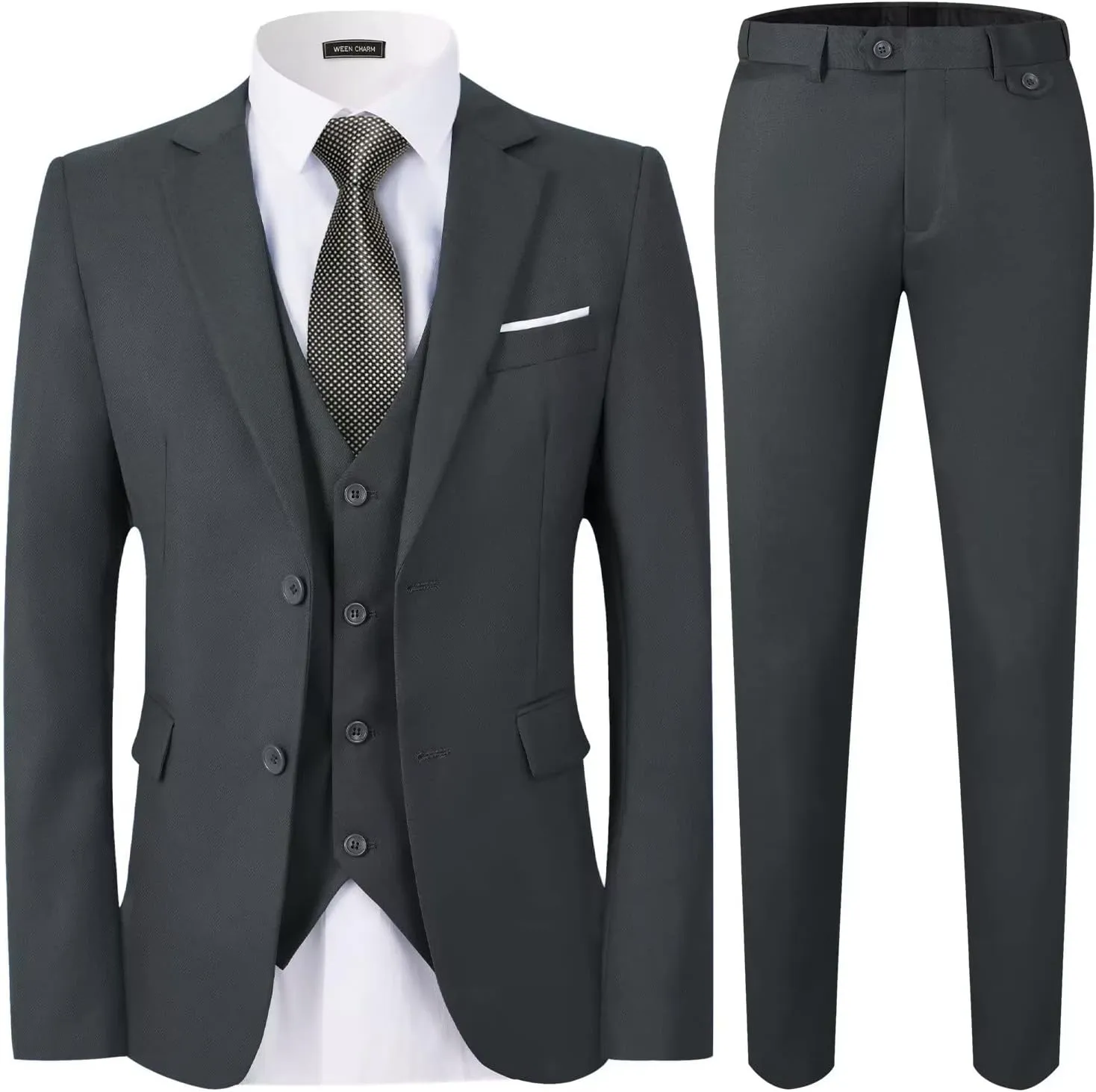 WEEN CHARM Men's 3-Piece Slim Fit Suit Set-2-Button Blazer,Vest & Pants-Formal Wedding,Prom,Party & Business Tuxedo