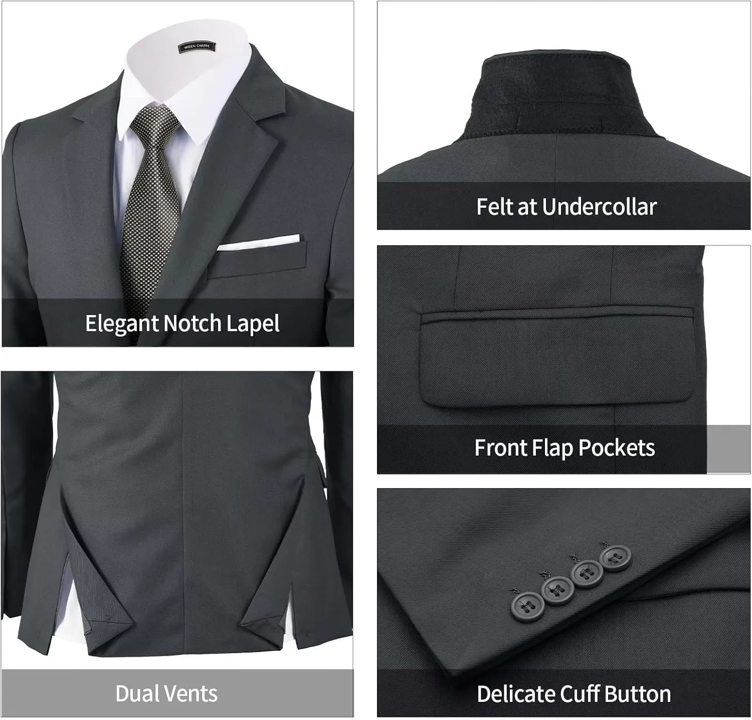WEEN CHARM Men's 3-Piece Slim Fit Suit Set-2-Button Blazer,Vest & Pants-Formal Wedding,Prom,Party & Business Tuxedo
