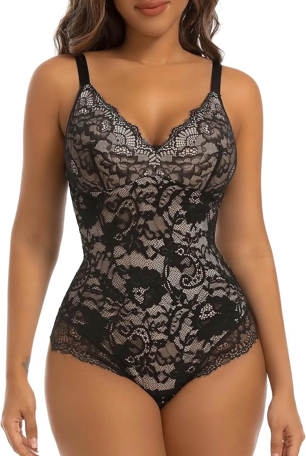 woahee Lace Shapewear Bodysuit for Women Tummy Control Shapewear Sleeveless V-Neck Tank Tops Backless Thong Body Suit