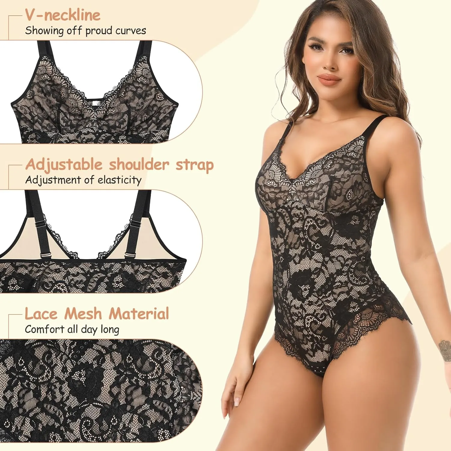woahee Lace Shapewear Bodysuit for Women Tummy Control Shapewear Sleeveless V-Neck Tank Tops Backless Thong Body Suit