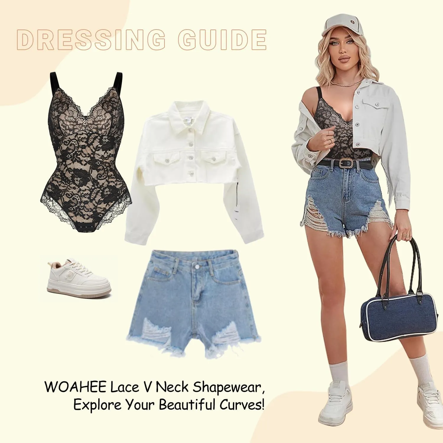 woahee Lace Shapewear Bodysuit for Women Tummy Control Shapewear Sleeveless V-Neck Tank Tops Backless Thong Body Suit