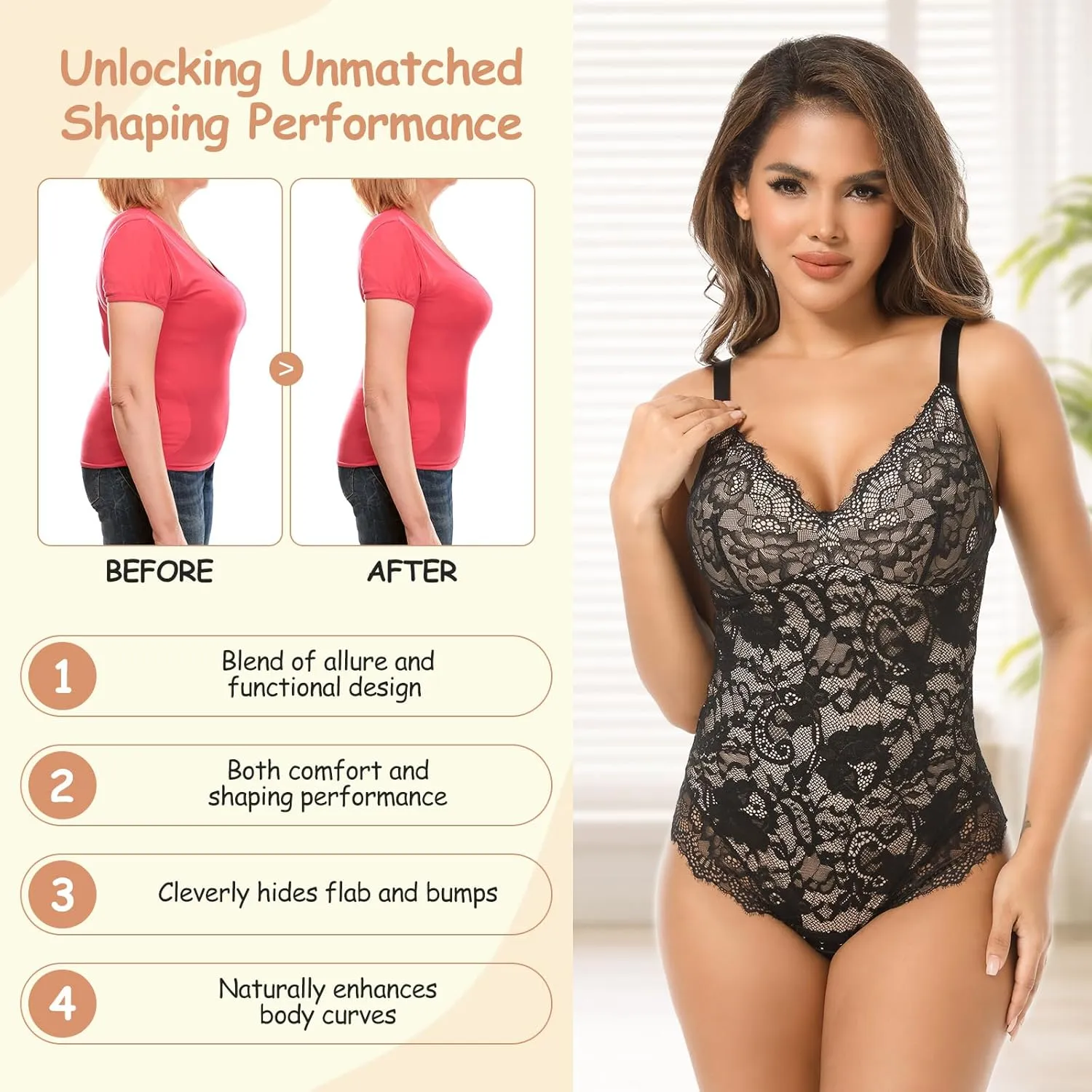 woahee Lace Shapewear Bodysuit for Women Tummy Control Shapewear Sleeveless V-Neck Tank Tops Backless Thong Body Suit