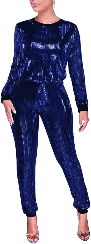 WOKANSE Women's Sequin Glitter Long Sleeve Sweatshirts and Skinny Long Pants Two Piece Outfits