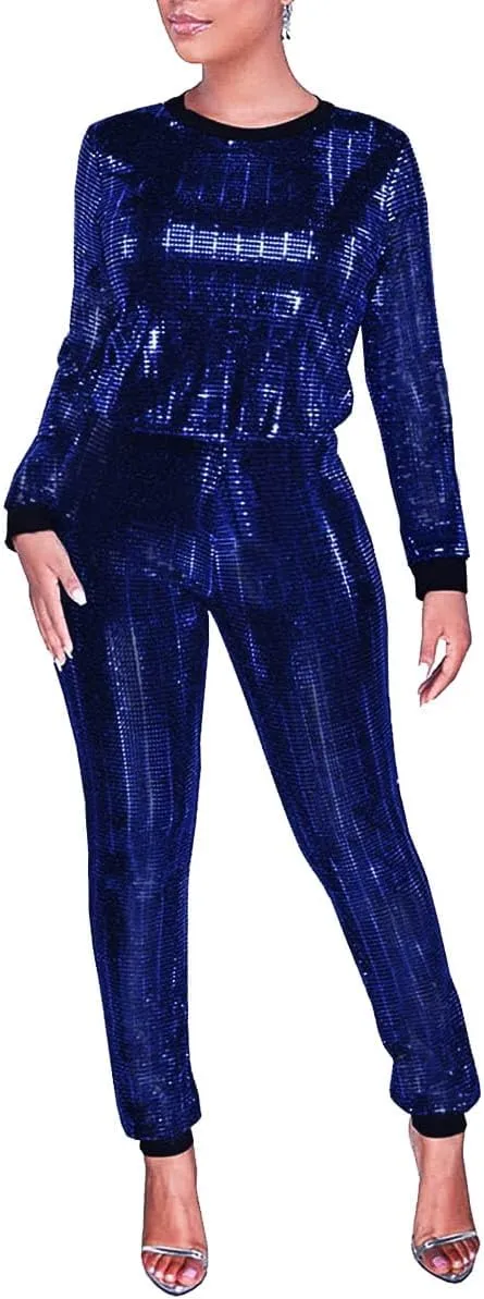 WOKANSE Women's Sequin Glitter Long Sleeve Sweatshirts and Skinny Long Pants Two Piece Outfits